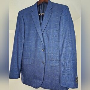 Jos A Bank Reserve Mens 46L Blue  Silk Wool Plaid Tailored Fit Blazer Sport Coat
